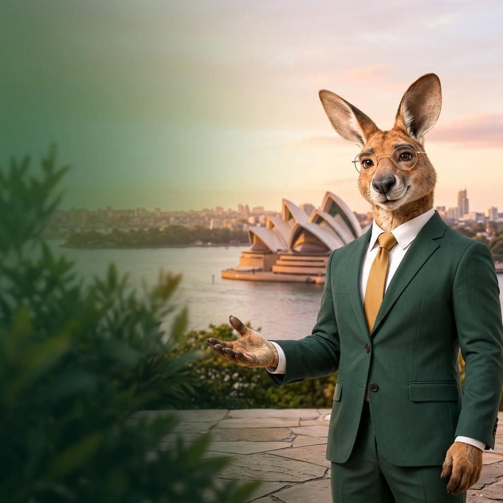 A friendly kangaroo adviser in a forest-green suit and gold tie welcoming you beside Sydney Harbour