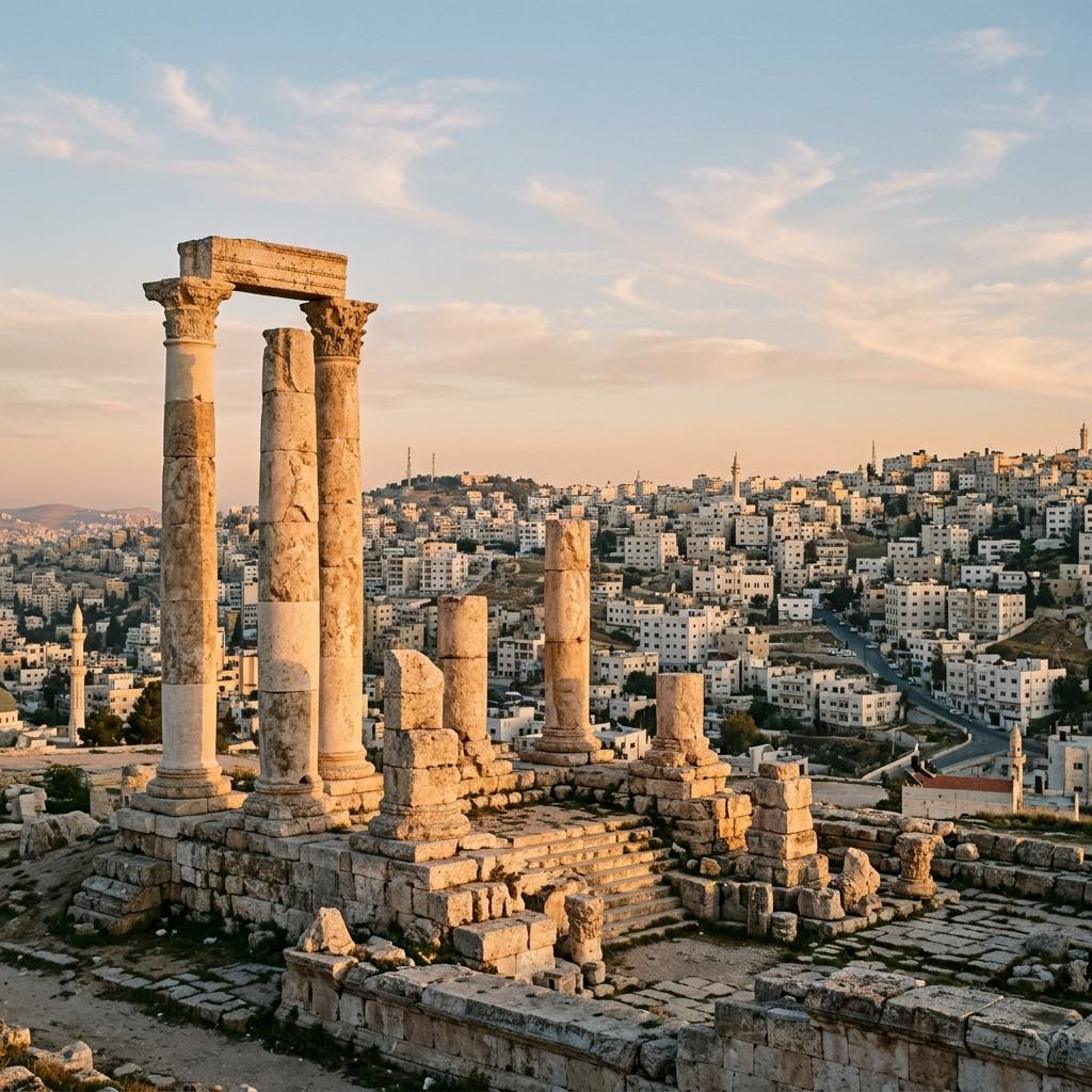 Ancient columns above Amman at golden hour